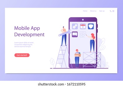Development team developing mobile application. Mobile application development. Concept app development, mobile interface, designing, programming technologies. Vector illustration for UI, mobile app