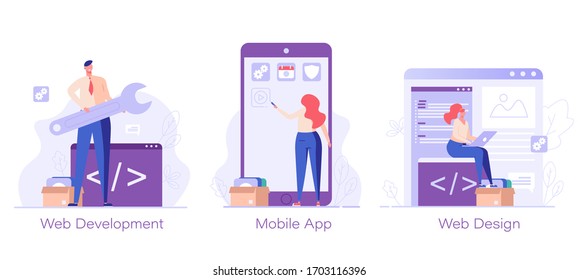 Development team developing mobile application. Mobile application development. Set of app development, mobile interface, designing and programming technologies. Vector illustration for UI, mobile app