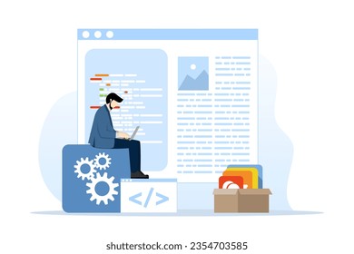 The development team develops mobile applications. Development and programming. application development technology, mobile interface, designing and programming. Flat vector illustration.