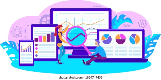 development team examines charts and charts of startup and increasing company revenues, teamwork of ambitious employees, remote freelance collaboration, mockup for web pages on blue background eps 10