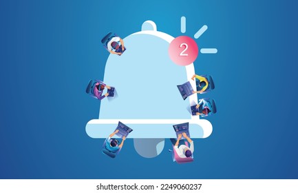 The development team gathered to research, analyze, and notify the system. For better performance and use in marketing promotion Top view Virtual vector illustration. the flat business design concept