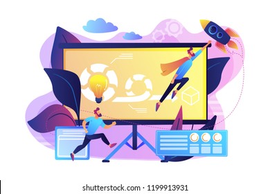 Development Team Member And Scrum Master Working On Agile Project For Product Ownerand Stakeholders. Agile Project Management Concept. Bright Vibrant Violet Vector Isolated Illustration