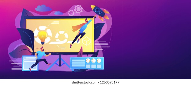 Development team member and scrum master working on Agile project for product ownerand stakeholders. Agile project management concept. Header or footer banner template with copy space.