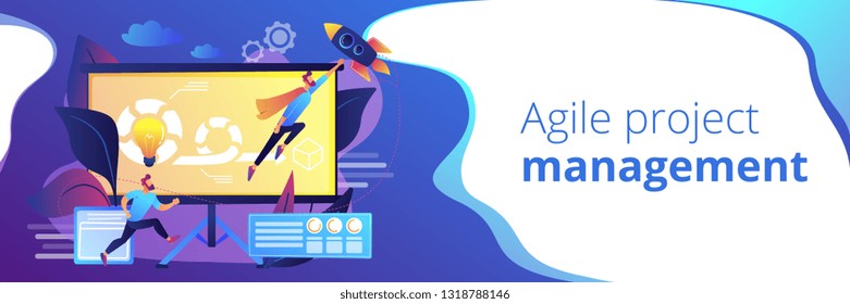 Development team member and scrum master working on Agile project for product ownerand stakeholders. Agile project management concept. Header or footer banner template with copy space.