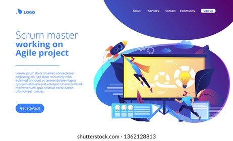 Development team member and scrum master working on Agile project for product ownerand stakeholders. Agile project management concept. Website vibrant violet landing web page template.