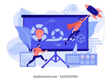 Development Team Member And Scrum Master Working On Agile Project For Product Ownerand Stakeholders. Agile Project Management Concept. Pinkish Coral Bluevector Isolated Illustration