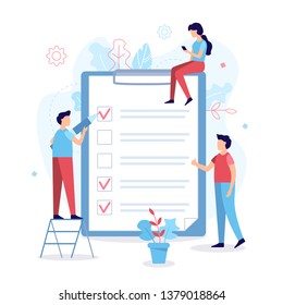 The development team notes the completed tasks in the checklist on a clipboard paper. Time management concept. Flat vector illustration.
