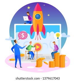 Development Team Presentation Businessman Rocket Launch Notebook Screen Vector Illustration. Buy Startup Project Mobile Service Sell Creative Idea Financial Investment Operating Business