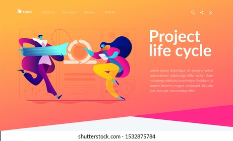 Development team, scrum master,stakeholders, agile project management concept. Website homepage interface UI template. Landing web page with infographic concept hero header image.