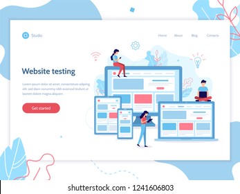 The development team testing a website with a responsive design. Business concept. Flat vector illustration. Modern web banner.