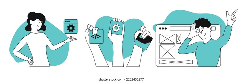 Development team vector illustration concept. Business development and software programming. Application process coding and communication teamwork. Group brainstorming and meeting to develop strategy