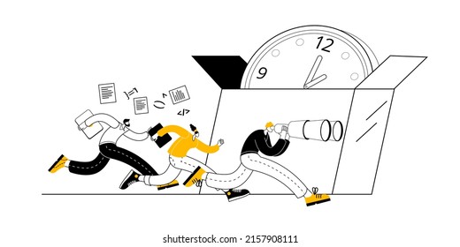 The development team walks past the clock box. Vector illustration on the theme of timeboxing.