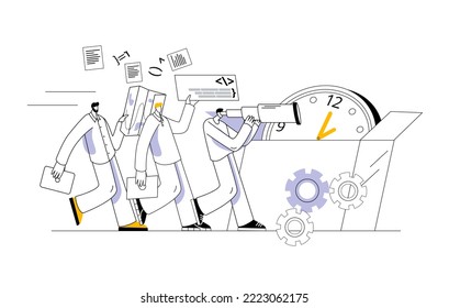 The development team walks past the clock box. Vector illustration on the theme of timeboxing.