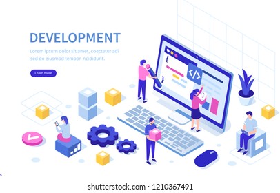 Development team at work concept. Can use for web banner, infographics, hero images. Flat isometric vector illustration isolated on white background.
