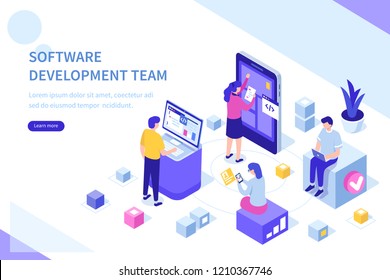 Development team at work concept. Can use for web banner, infographics, hero images. Flat isometric vector illustration isolated on white background.