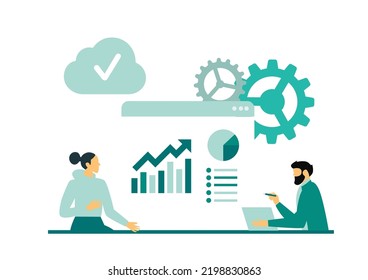 Development. Team of young people working together in a modern workspace. Modern flat design concept of web page design for website and mobile website.
