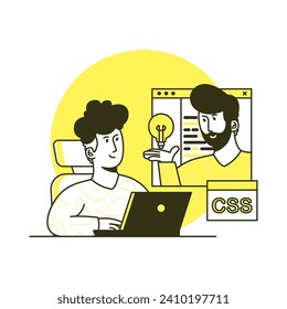 conceptos de desarrollo y trabajo en equipo. los hombres discuten, desarrollan, reciben actividad de correo electrónico. Esbozar ilustración vectorial de moda. Perfecto para diseño web, banner, aplicación móvil, página de inicio