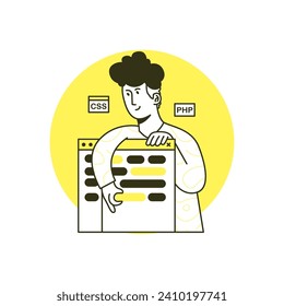 conceptos de desarrollo y trabajo en equipo. los hombres discuten, desarrollan, reciben actividad de correo electrónico. Esbozar ilustración vectorial de moda. Perfecto para diseño web, banner, aplicación móvil, página de inicio