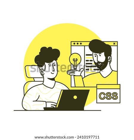 development and teamwork concepts. men discuss, development, receive email activity. Outline trendy  vector illustration. Perfect for web design, banner, mobile app, landing page