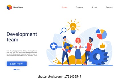 Development teamwork vector illustration. Creative interface design for mobile website with cartoon flat business developer people team working on idea light bulb symbol, searching for new solutions