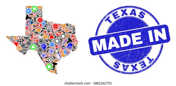 Desarrollo de mosaico de mapas del estado de Texas y sello de sello MADE IN grunge. Collage de mapas del estado de Texas creado con pulseras, engranajes, herramientas, elementos, vehículos, golpes de potencia, cohetes.