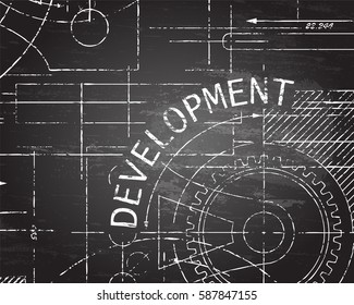 Development text with gear wheels hand drawn on blackboard technical drawing background
