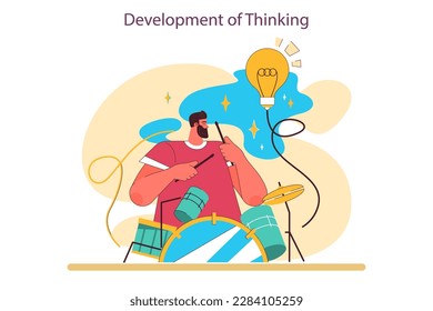 Development of thinking as a positive effect of playing drums. Male character' creative hobby. Drummer practising or performing music, playing musical instrument. Flat vector illustration