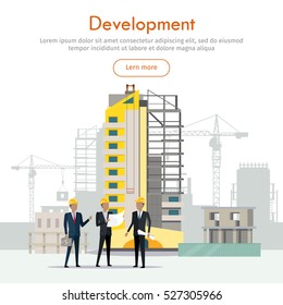 Development. Three businessmen in yellow helmets discussing new project. Bag of money. Unfinished high yellow building behind. Industrial cranes. Web Banner. Cartoon design. Flat style. Vector