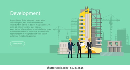 Development. Three businessmen in yellow helmets discussing new project. Bag of money. Unfinished high yellow building behind. Industrial cranes. Web Banner. Cartoon design. Flat style. Vector