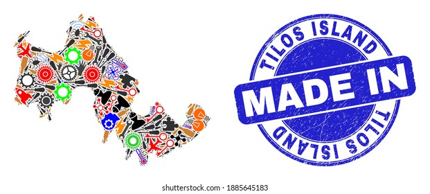 Development Tilos Island map mosaic and MADE IN distress rubber stamp. Tilos Island map abstraction composed with wrenches, gearwheels,screwdrivers,components,transports, electric bolts,bugs.