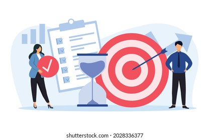 Development and Time management concept. Tiny people developing self control system vector illustration. Metaphor of target and goal achievement for productive work. 