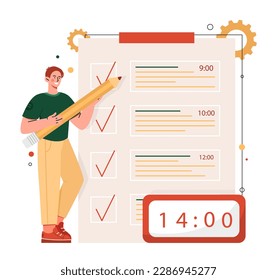 Development time management. Man with pencil marks completed tasks. Planning and setting goals, organizing effective workflow, daily routine. Guy with to do list. Cartoon flat vector illustration