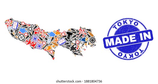 Development Tokyo Prefecture map mosaic and MADE IN distress stamp seal. Tokyo Prefecture map mosaic designed with spanners,wheels,screwdrivers,elements,vehicles, electric sparks,rockets.