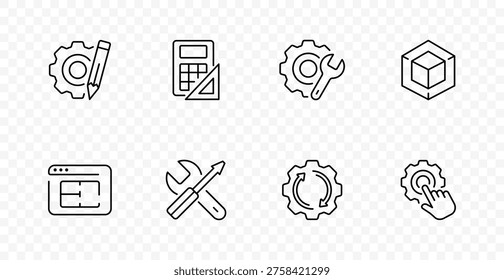 Development tools set icon. Gear with pencil, calculator, ruler, maintenance wrench, 3d cube, layout window, repair toolkit, refresh cycle, touch settings, engineering, workflow