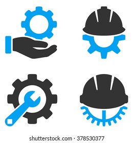 Development Tools vector icons. Style is flat bicolored symbols painted with blue and gray colors on a white background, angles are rounded.