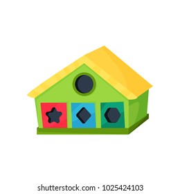 Development toy in shape of house with holes for geometric figures. Game for little children. Learning through play. Great for teaching shapes. Colorful flat vector icon