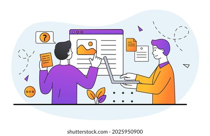 Development of ui concept. People research, test and validate design solutions. Men create new website or application on laptop. Cartoon doodle flat vector illustration isolated on white background