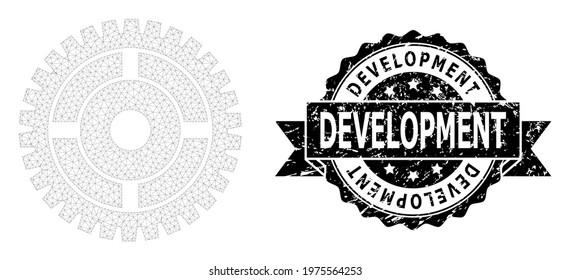 Development unclean stamp seal and vector clock wheel mesh structure. Black stamp has Development title inside ribbon and rosette. Abstract flat mesh clock wheel, created from flat mesh.