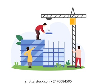 Development of urban architecture, building construction by project. Tiny people and construction crane build, work on unfinished modern skyscraper from concrete and steel cartoon vector illustration