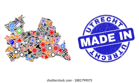 Development Utrecht Province map mosaic and MADE IN scratched rubber stamp. Utrecht Province map abstraction formed with spanners,cogs, tools,,keys,airplanes,aircrafts,air planes,aviation symbols,