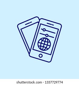 Development vector icon with bright blue background and dark blue lines. Smart-phone.