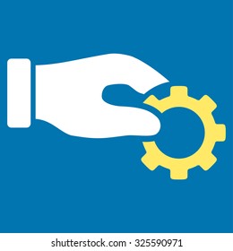 Development vector icon. Style is bicolor flat symbol, yellow and white colors, rounded angles, blue background.