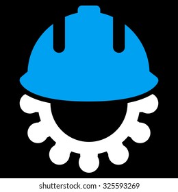Development vector icon. Style is bicolor flat symbol, blue and white colors, rounded angles, black background.