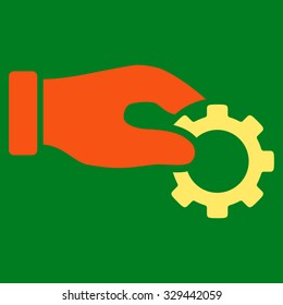 Development vector icon. Style is bicolor flat symbol, orange and yellow colors, rounded angles, green background.