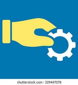 Development vector icon. Style is bicolor flat symbol, yellow and white colors, rounded angles, blue background.