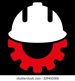 Development vector icon. Style is bicolor flat symbol, red and white colors, rounded angles, black background.