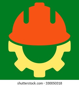 Development vector icon. Style is bicolor flat symbol, orange and yellow colors, rounded angles, green background.