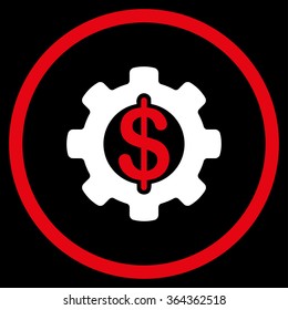 Development vector icon. Style is bicolor flat circled symbol, red and white colors, rounded angles, black background.