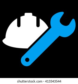 Development vector icon. Style is bicolor flat icon symbol, blue and white colors, black background.