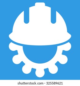 Development vector icon. Style is flat symbol, white color, rounded angles, blue background.